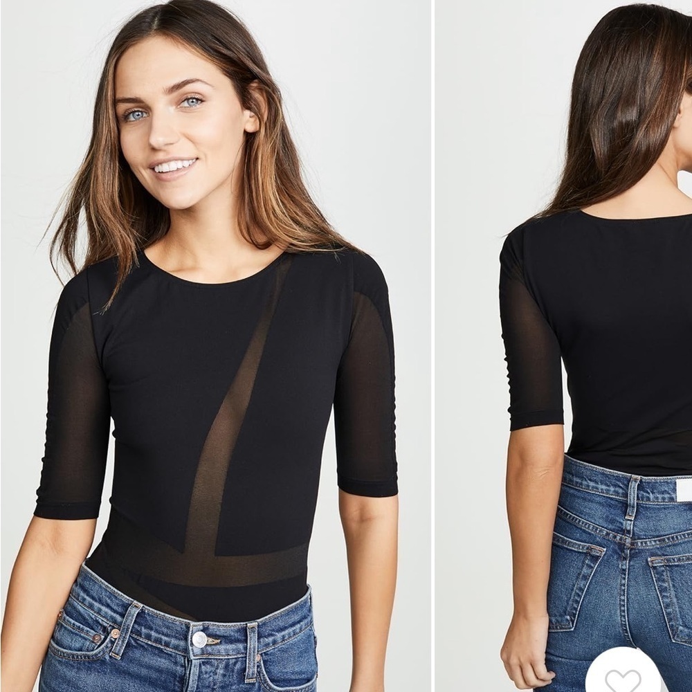 Wolford Sail Print Sheer Panel Long Sleeve Bodysuit in Black Size Large